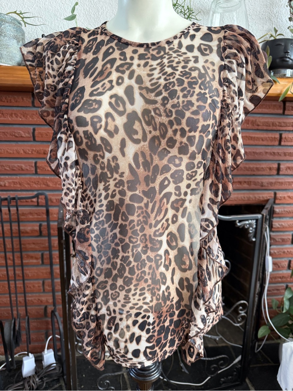 Leopard Print Ruffle Sleeve Women's Top sheer